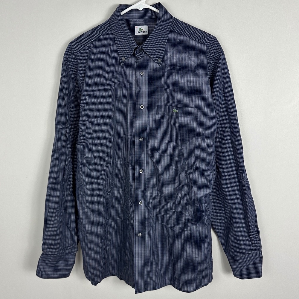 Lacoste Men Button Down Shirt Size 43 Plaid Navy Blue Long Sleeve Logo Pocket